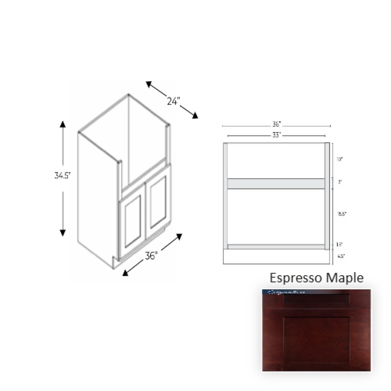 Ess.Fsm36 Framed Shaker Classic Espresso Maple Natural Clear Coat Wood Kitchen Base Cabinet - 36" X 34.5" X 24" - Natural Clear Coat