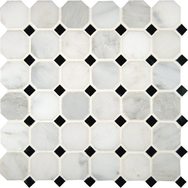 Greecian White Marble Mosaic - 2" X 2" Octagon With Black Dots - Polished