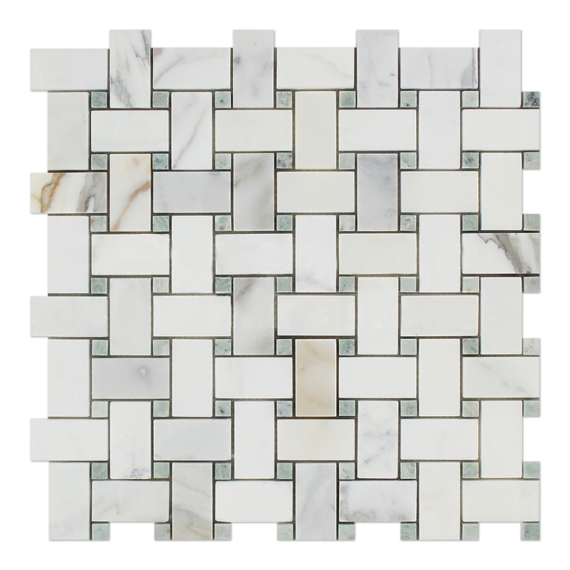 Calacatta Gold Marble Mosaic - Basket Weave With Ming Green Dots