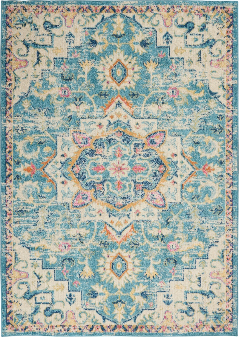 Passion Psn25 Ivory / Light Blue Polypropylene Bohemian Area Rug - 7 Ft X 10 Ft