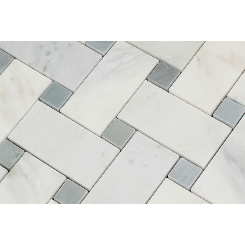 Oriental White Marble Mosaic - Large Basket Weave With Blue/Gray Dots