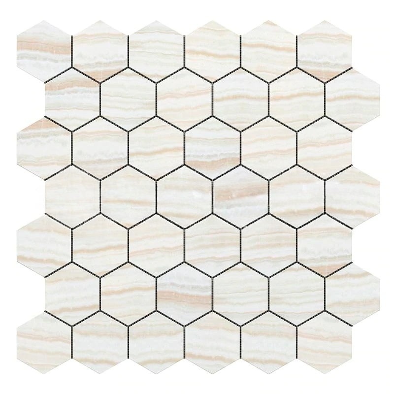 White Vein Cut Onyx Mosaic - 2" Hexagon - Polished