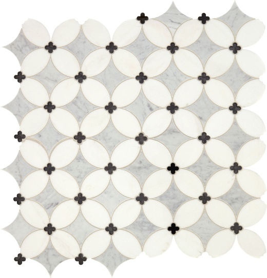 Lavaliere White Carrara With Thassos White & Black Antique Mirror Mixed Mosaic - Petal - Polished, Per Pack: 10 Sqft