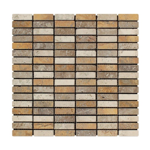 3 Color Mixed Travertine Mosaic - 5/8" X 2" Stacked - Tumbled, Per Pack: 20 Sheets