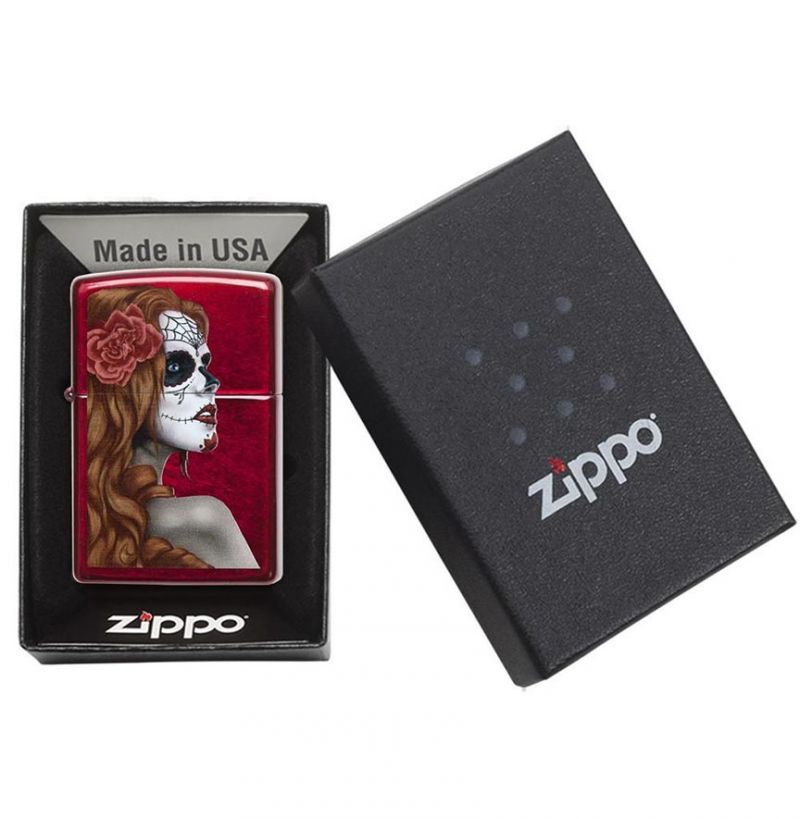 Zippo Windproof Lighter Day Of Dead Girl, Candy Apple Red Translucent Finish