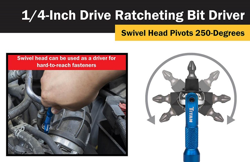 Titan 1/4″ Drive Aluminum Swivel Head Ratcheting Micro Bit Driver, Blue