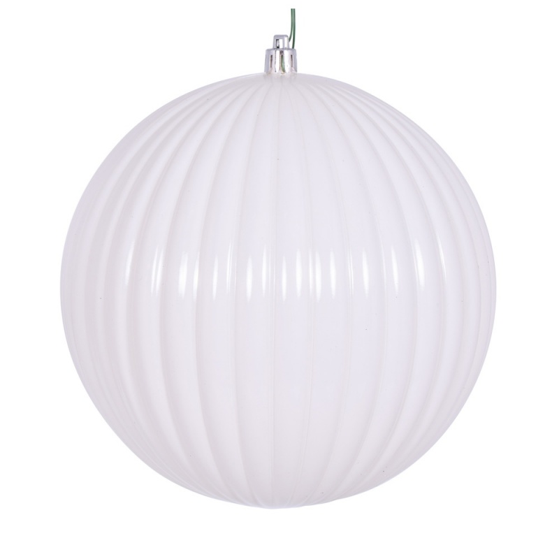 6" White Shiny Lined Ball Ornament 4/Bg