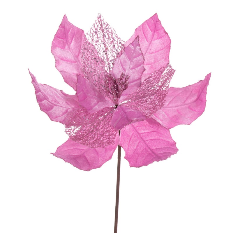 11" Pink Glitter Mesh Poinsettia 6/Bg
