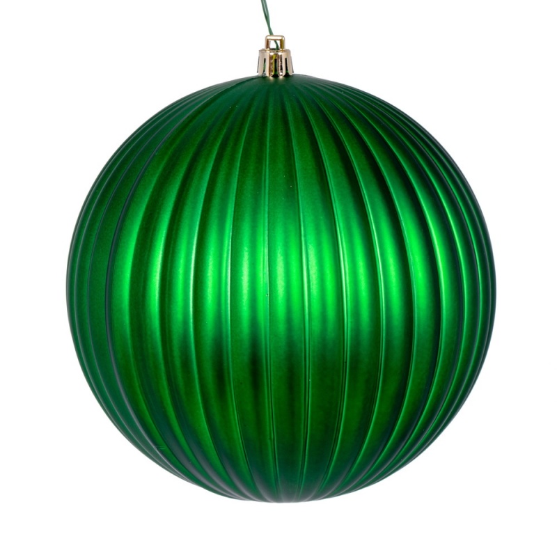 6" Green Matte Lined Ball Ornament 4/Bg