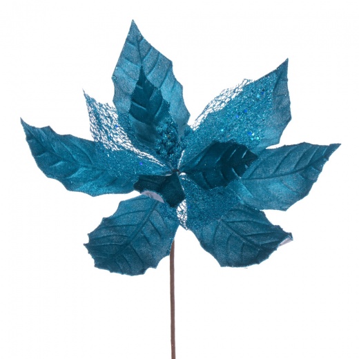 11" Turquoise Velvet and Glitter Mesh Poinsettia Flower on Stem