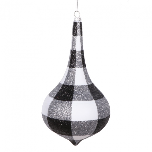 8" White Black Plaid Glitter Drop Ornament