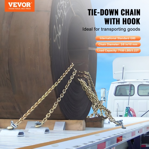 Vevor Binder Chain G80 Tie Down Tow Chain With Hooks 3/8"X10.3' 2 Pack 7100 Lbs