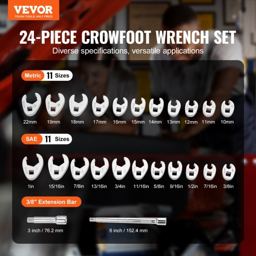 VEVOR 3/8" Drive Crowfoot Wrench Set with 2 Extension Bars, 24-Piece Cr-Mo Steel Crowfoot Wrench Set
