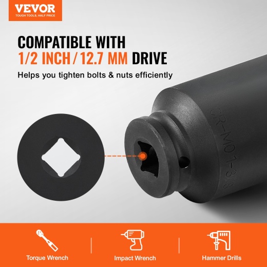 Vevor Axle Nut Impact Socket Set 1/2" Drive Deep 6-Point 8Pcs Sae Nut Socket