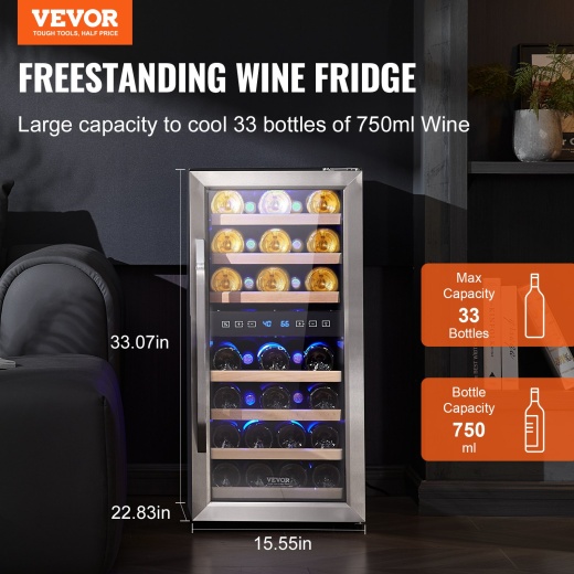 Vevor 33-Bottle Wine Cooler Dual Zone Freestanding Refrigerator With Led Light