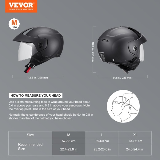Vevor 3/4-Face Motorcycle Helmet Motocross Helmet With Bluetooth Communication