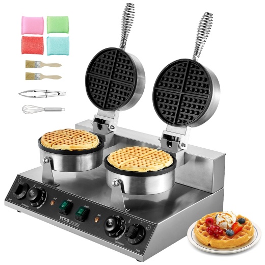Vevor Commercial Waffle Maker Dual-Head Round Waffle Iron 2460W Non-Stick