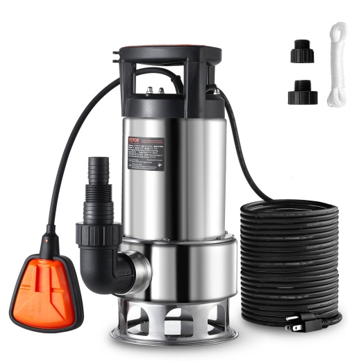 Vevor 1Hp Sump Pump, 4020Gph, 30Ft Lift Stainless Steel Submersible Sludge Pump