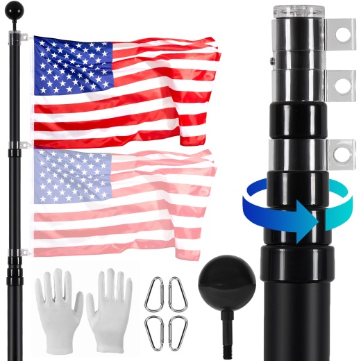 Vevor 20Ft Telescopic Flagpole Kit Heavy Duty Aluminum Flag Pole American Black