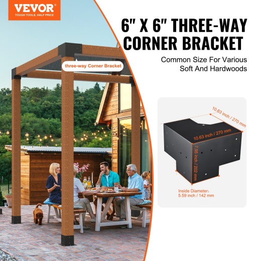 Vevor Pergola Bracket Kit 6''X6'' - 4Pcs 3-Way Heavy Duty Corner Bracket Woodworks DIY Post Base Kit