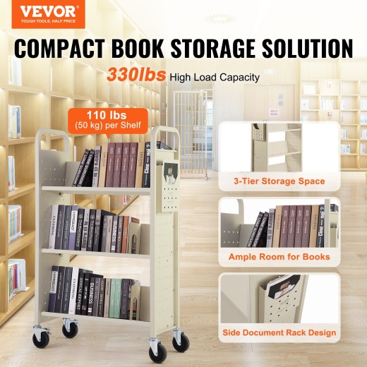 Vevor Book Cart - 330 Lbs Library Cart with Single Sided V-Shaped Sloped Shelves