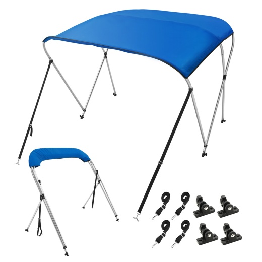 Vevor 3 Bow Bimini Top Boat Cover, 900D Polyester Canopy With 1" Aluminum Alloy Frame, Waterproof And Sun Shade, Includes Storage Boot, 4 Straps, 2 Support Poles, 6'L X 46"H X 67"-72"W, Pacific Blue