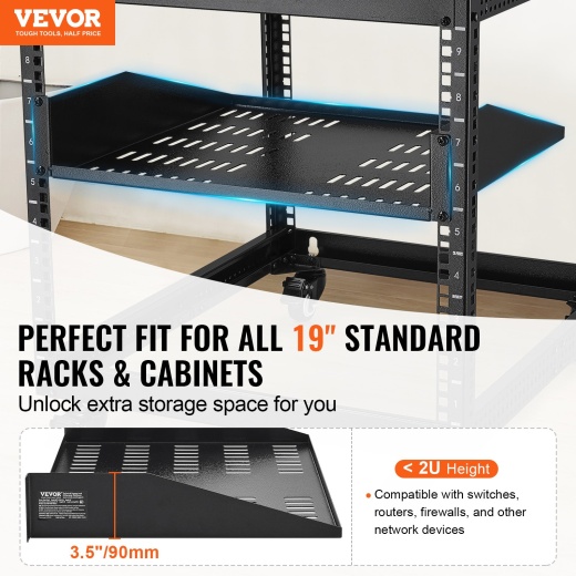 Vevor 2U Server Rack Shelf 16"/406 Mm Depth Vented Rack Mount Shelf With Tray