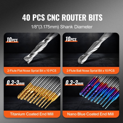 Vevor 40Pcs End Mills CNC Router Bits Set - 1/8" Shank