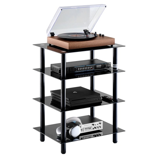Vevor 4-Tier Av Media Stand Strengthened Tempered Glass Audio-Video Media Stand, Av Media Stand Corner Shelf Corner Shelves Component Cabinet Stereo Audio Rack Stand Tower Perfect For Dvd Players For Game Console/Tv Box, Living Room Storage, Corner Entertainment Center, Black