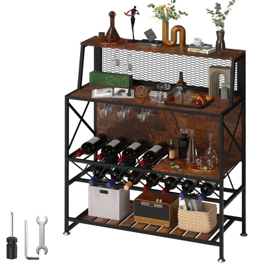 Vevor Wine Rack Home Bar Table - Industrial Liquor Storage Cabinets with Glass Holder