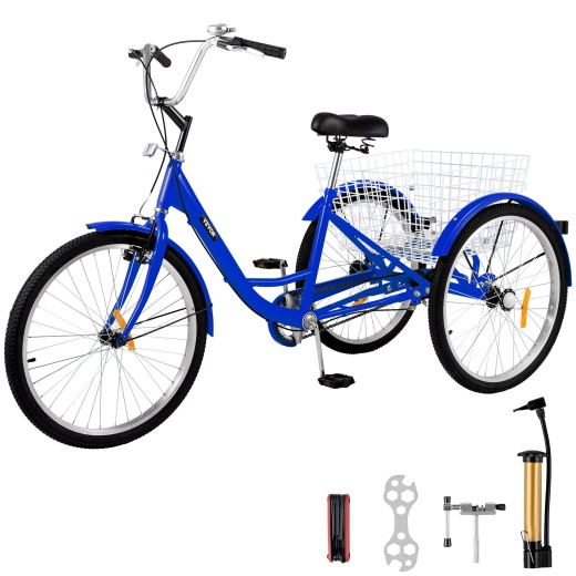 Adult Tricycle 24" 1-Speed 3 Wheel Blue Exercise Shopping Bicycle with Large Basket