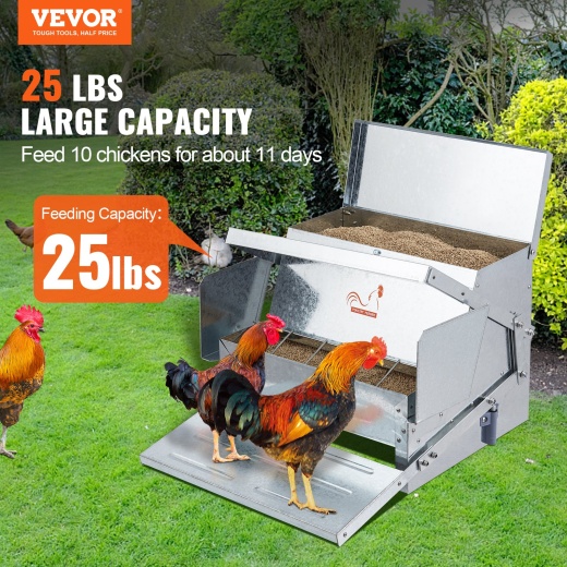 Vevor Automatic Chicken Feeder - 25 Lbs Capacity Feeds 10 Chickens Up To 11 Days