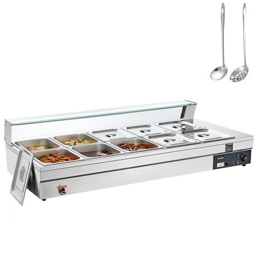 Vevor 10-Pan Commercial Food Warmer - Electric Steam Table with Tempered Glass Cover