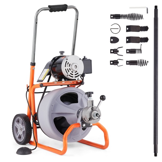 Vevor Drain Cleaner Machine 75Ft X 3/8 Inch Auto Feed With Wheels & 8 Cutters