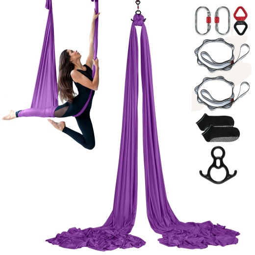 Vevor Aerial Silk & Yoga Swing, 8.7 Yards, Aerial Yoga Hammock Kit with 100gsm Nylon Fabric, Full Rigging Hardware & Easy Set-up Guide, Antigravity Flying for All Levels Fitness Bodybuilding, Purple