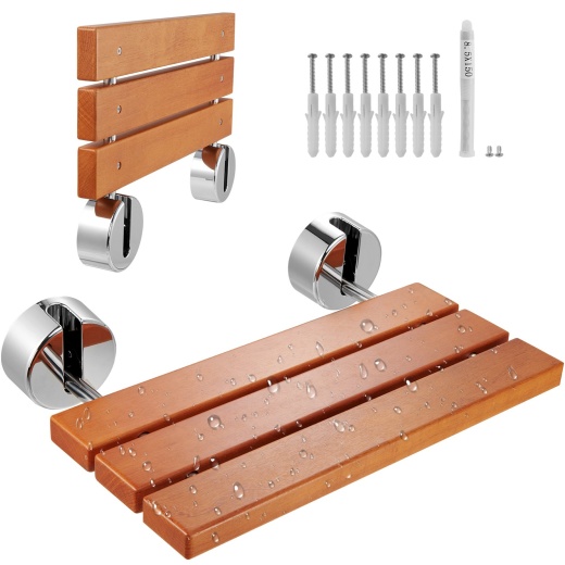 Vevor Folding Teak Shower Seat - Space Saving Wall Mounted Shower Bench