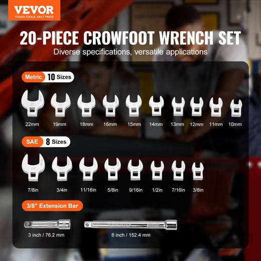 Vevor Crowfoot Wrench Set, 3/8" Drive 20-Piece Set with Extensions and Tool Organizer