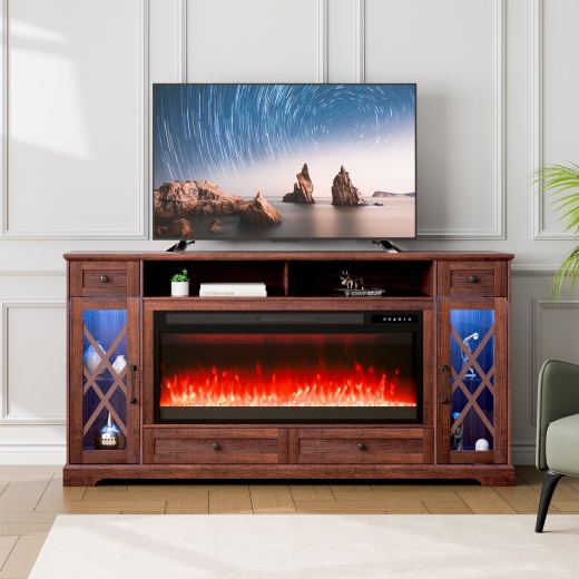 Vevor Fireplace Tv Stand For Tvs 70", Media Storage Corner With 42" Fireplace, Storage Drawers & Cabinets, Pastoral Tv Console Table With 20 Led Lights, Remote Control And Timer For Living Room, Brown