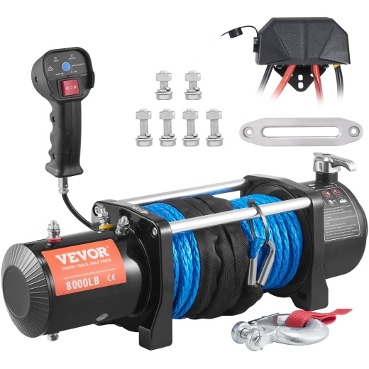 Vevor Electric Winch - 12V 8000 Lb Load Capacity Nylon Rope Winch for ATV, Jeep, Off-Road, SUV, Truck, Car, Trailer, Boat