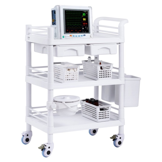 Vevor 3 Tiers Lab Cart - Mobile Medical Trolley with Trays & Trash Cans