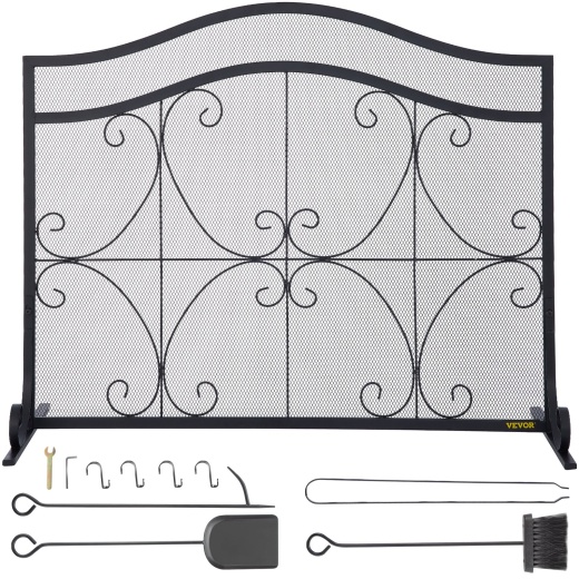 Vevor Fireplace Screen, 38 X 26.5 Inch, Heavy Duty Iron Freestanding Spark Guard