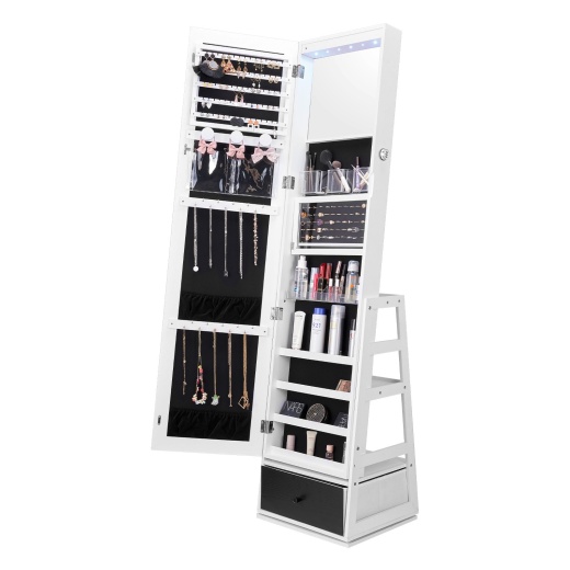 Vevor Mirror Jewelry Cabinet 360° Swivel Standing Mirror With Storage White