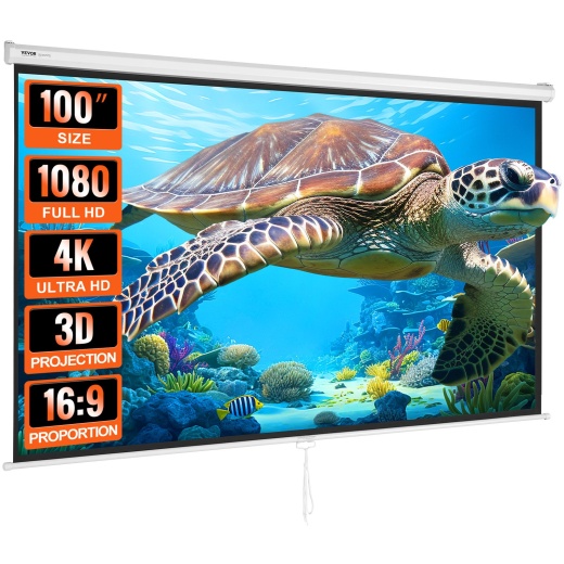 Vevor Manual Projector Screen - 100 Inch 16:9 4K 1080 HD Retractable Pull Down Projector Screen
