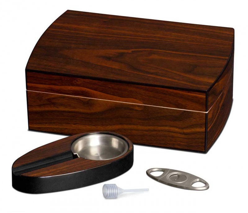 Visol Polished Walnut Cigar Gift Set Including Ashtray & Cutter