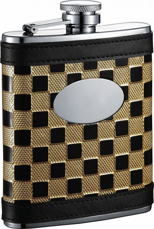 Visol Ramses Gold & Black Checker Stainless Steel 6Oz Hip Flask