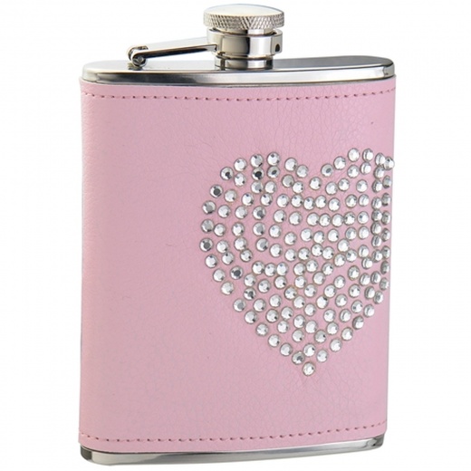 Visol Dazzled Heart Rhinestone Pink Leatherette 6 Oz. Hip Flask