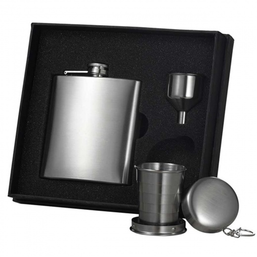 Visol Stainless Steel Hip Flask, Funnel And Shot Cup Gift Set