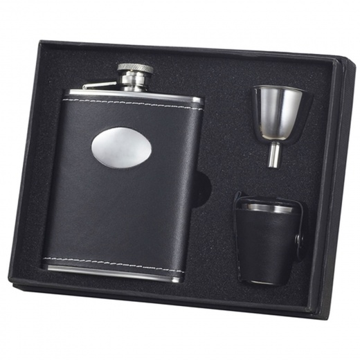 Visol Eclipse Black Leather 6Oz Flask Gift Set