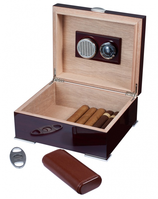 Visol Xander Burgundy Wood Humidor Gift Set With Case And Cutter