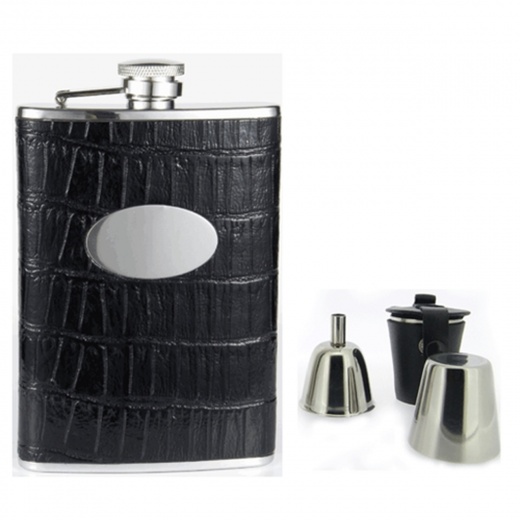 Visol Fantastique Black Crocodile Leatherette Deluxe Hip Flask Gift Set